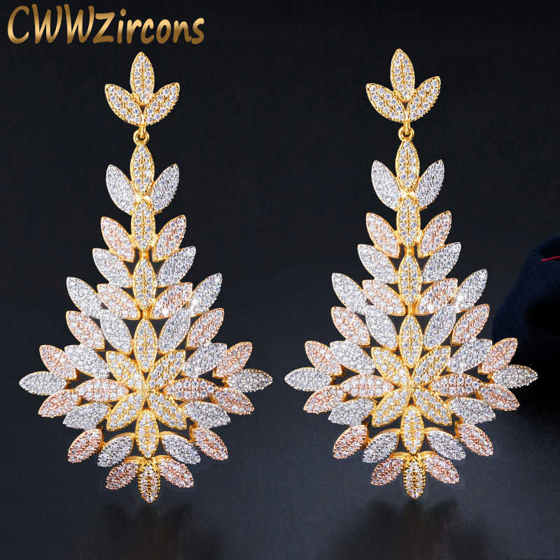 

CWWZircons 80mm Luxury Exclusive CZ Leaf Drop Big Statement Long Wedding Earrings 3 Tone Gold Dubai African Brides Jewelry CZ676
