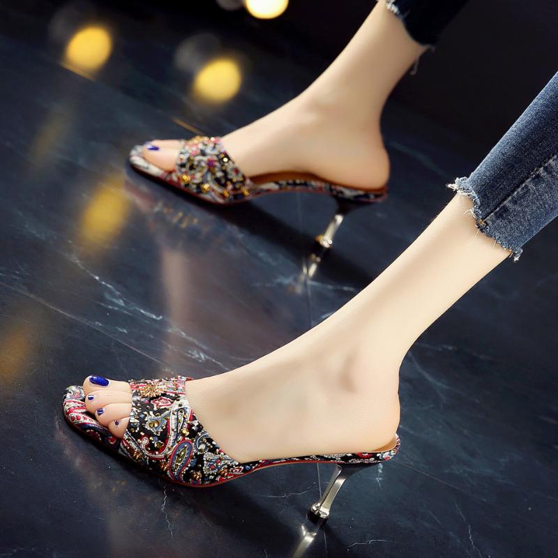 

Embroidery Summer Women High Heels Sandals Open-toepeep Ladies Personalized Rhinestone Stiletto, Black