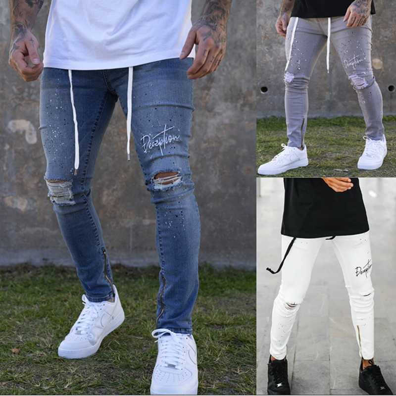 Mens Solid Color Moto&Biker Jeans New Fashion Slim Pencil Pants Sexy Casual Hole Ripped Design Streetwear Printing Pencil Jeans X0621