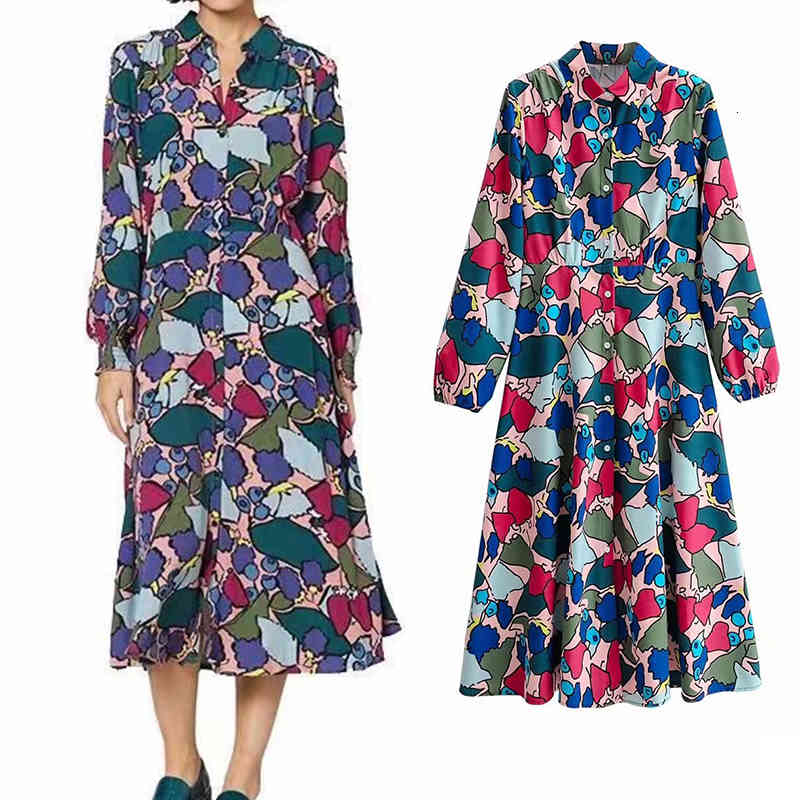 

Casual Dresses Women print Shirt style dress Turn-down Collar long sleeve slim waist chic mujer MEJF, Blue