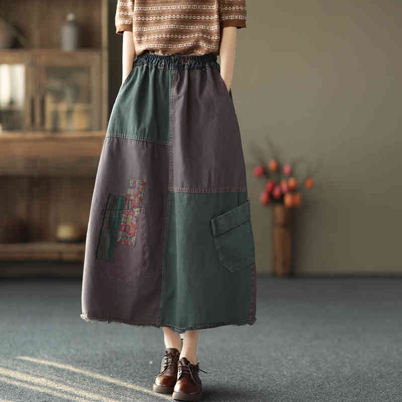 

Johnature Women Patchwork Color Vintage Skirts Elastic Waist Cotton Linen Spring Pockets Female A-Line Skirts 210521, Green