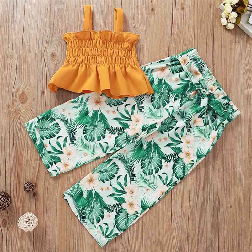 

Summer Children Sets Casual Strap Pleated Ruffles Tops Print Palm Leaf Floral Long Pants 2Pcs Girls Clothes 1-5T 210629, Orange
