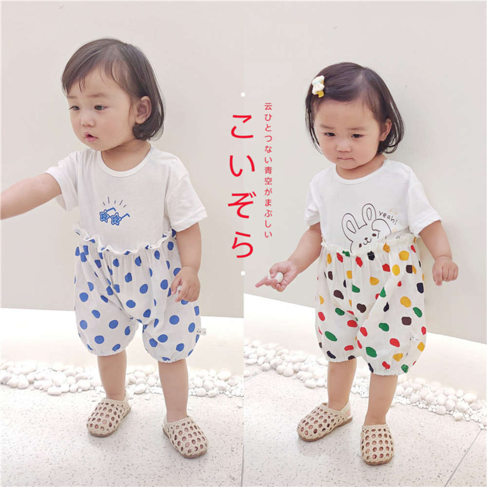 

Baby clothing color dot Bunny short sleeve one-piece suit fake two-piece, White