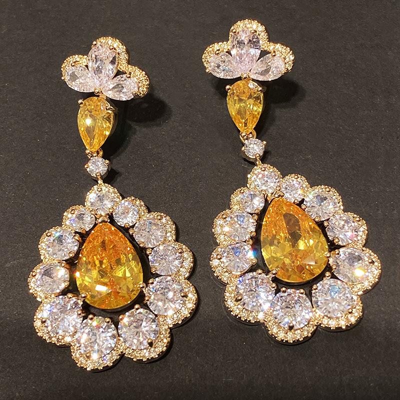 Dangle & Chandelier Fasion Big Yellow Flower Cubic Zirconia Earring For Women Wedding Bridal-image-701888803
