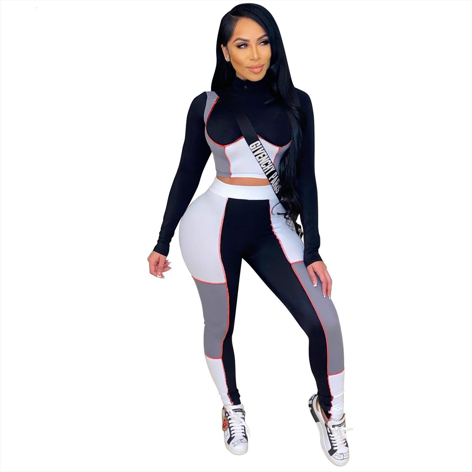 

casual two piece set womens tracksuits color patchwork full sleeve shirt crop long pant tracksuit sportsuit clothes for outfit, Gray