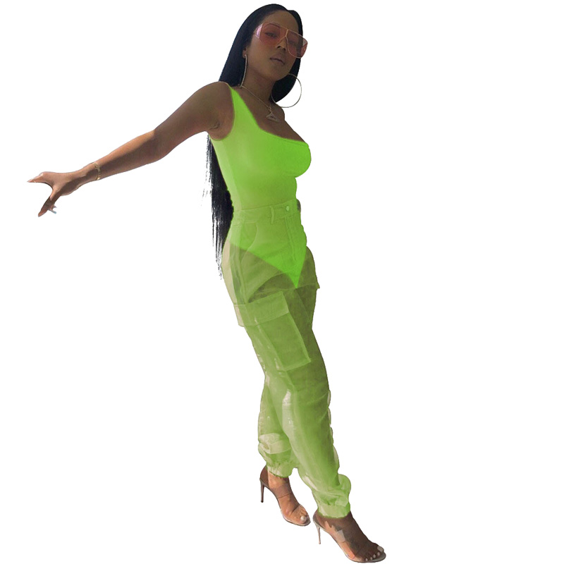 

Neon Two Piece Set Top and Pants Tracksuit Women Festival Clothing Bodysuit Cargo Pants Mesh Summer 2 Piece Sexy Club Outfits