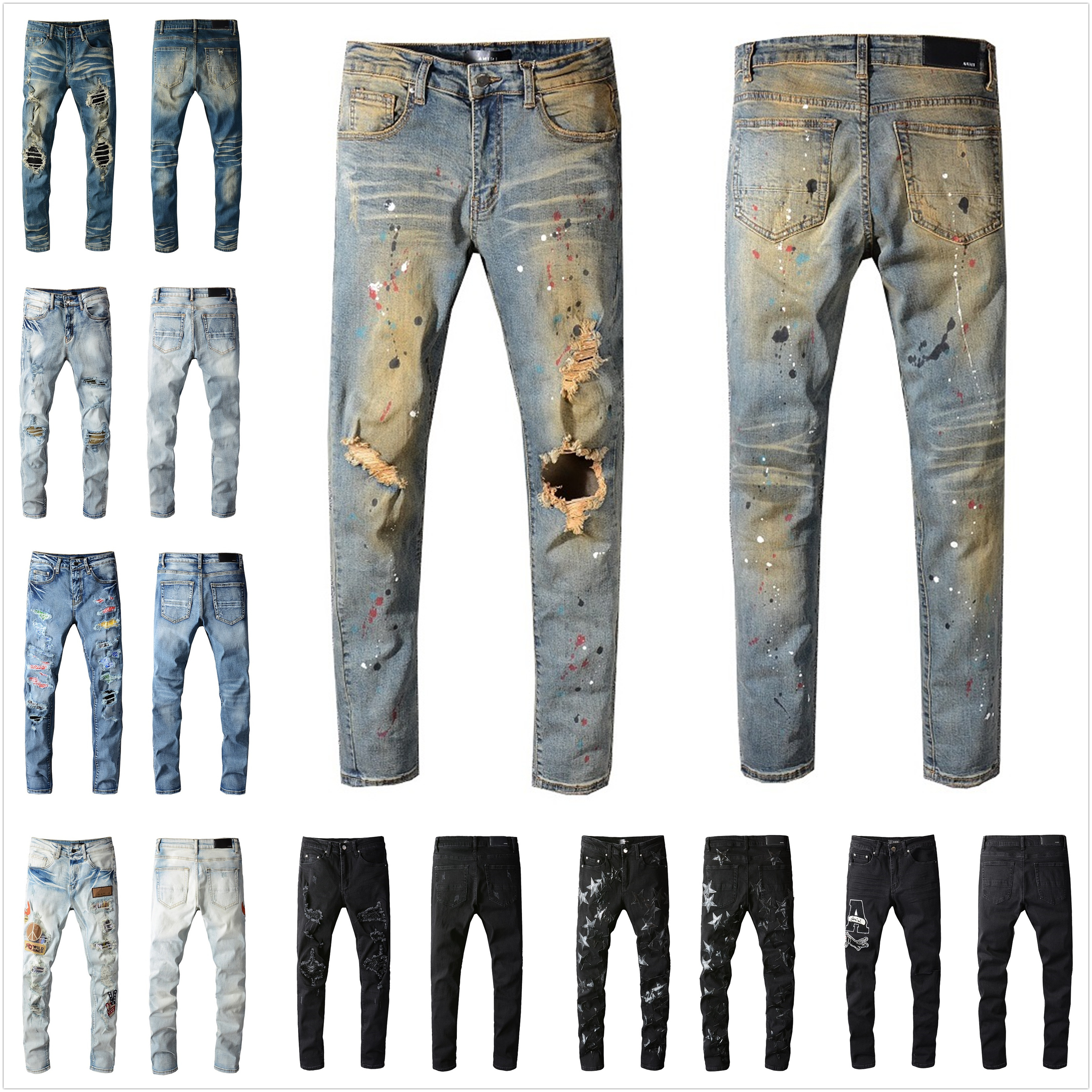 

Mens Designer Jeans Distressed Ripped Biker Slim Fit Motorcycle Denim For Men s Top Quality Fashion jean Mans Pants, 1pcs button