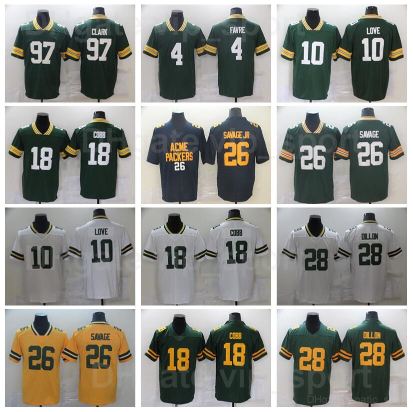 

Men 10 Love Football Jersey 26 Darnell Savage Jr 28 AJ Dillon 97 Kenny Clark 4 Brett Favre 18 Randall Cobb Vinatge White Green Yellow Army G, Black;red