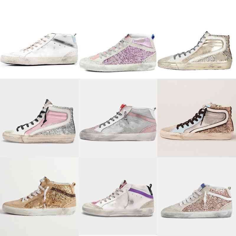 

Women's Casual shoes Mid Slide star high top Sneakers Fashion Woman casual luxury Italy brand Golden Trainers Sequin Classic White Do-old Dirty Men shoe, Star23