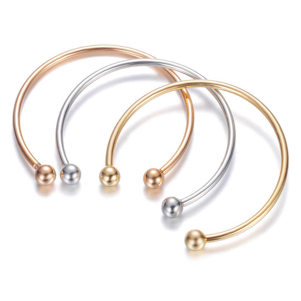 

2pcs/lot Stainless Steel Ball Opened 60mm Cuff Bangles Ball End Screws Off for Diy Jewelry Making 3mm Thickness 3 Colors Q0719