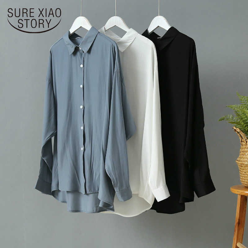

Fashion Autumn Long Sleeves Women Shirt Street wear Clothing Women Solid Elegant Tops Satin Blouse Vintage Femme 6718 50 210527, Black