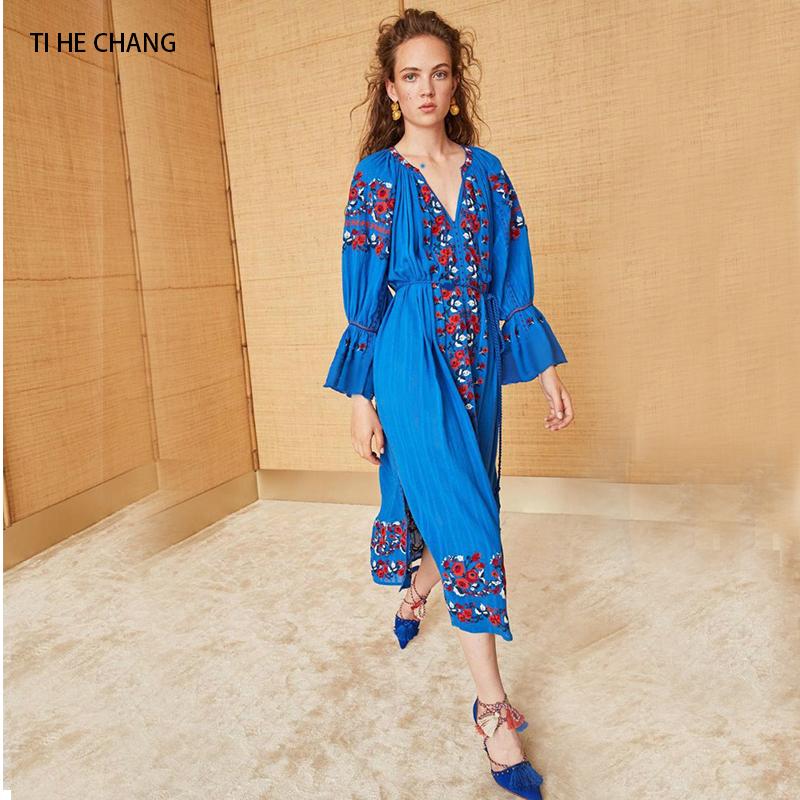 

Casual Dresses Women Midi Dress Summer Spring Vintage Retro Embroidery Bohemian Sexy Beach Loose Flare Sleeve Runway Vestidos, Blue