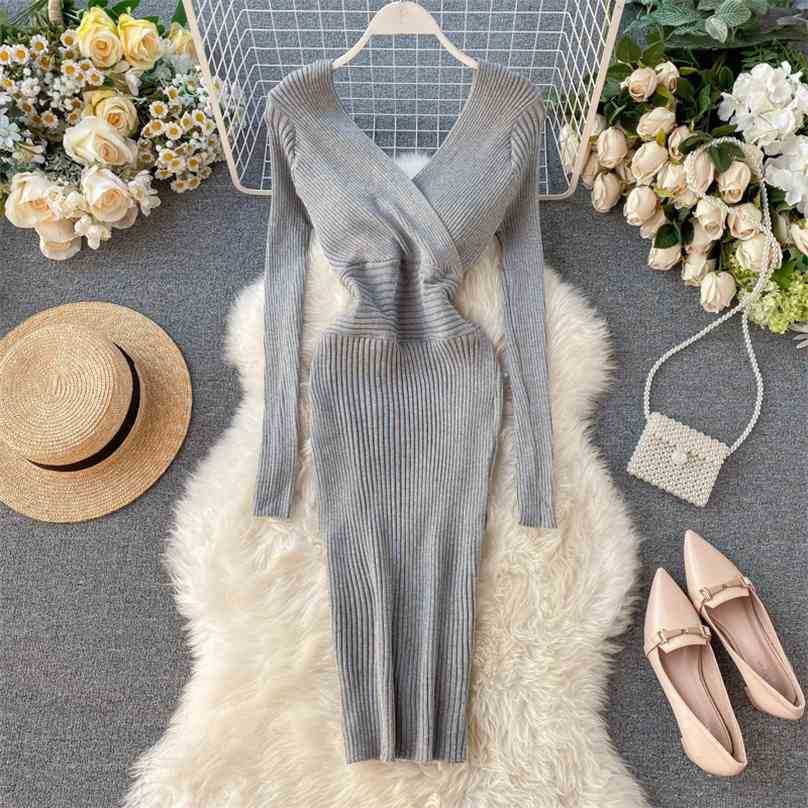 

Women Fashion Sweater Dress Spring Autumn Long Sleeve Sexy V Neck Slim Bodycon es Ladies Pencil Short Robe 210525, Black
