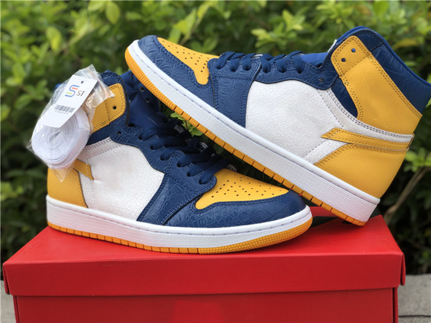 

Genuine Jumpman 1 Mens Womens Basketball Shoes Yellow Blue and White Color Matching Sports Shoelaces Shoebox Full Size 36--46, #1