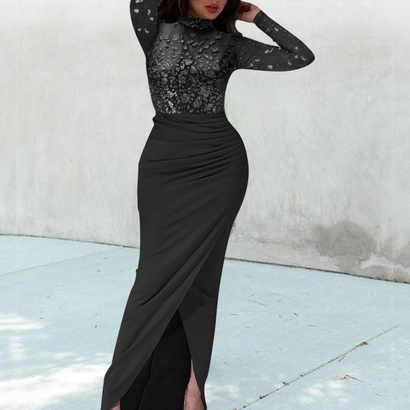 

Casual Dresses Perspective Mesh Sleeve Women Dress Fashion Slim Long Solid Color Party Evening Slit High Waist Vestido, Black;gray