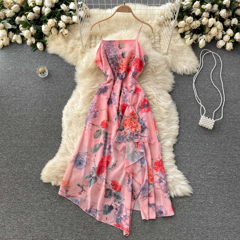 

DEAT Women Printing Slin Asymmetrical Dress Square Neck Sleeveless Arrivals Lady Sexy Fashion Spring Summer 11D557 210709, Pink