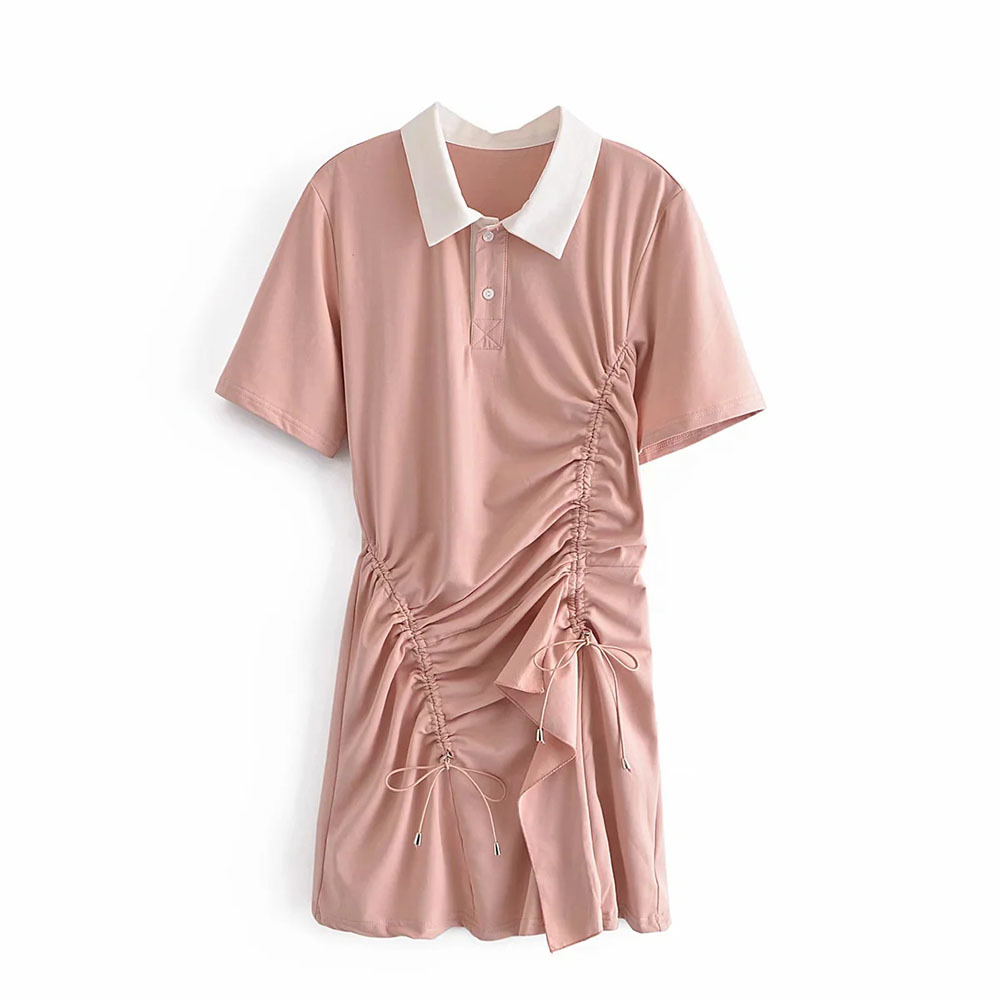 

BBWM Fashion Women Polo Collar Draw String Dress Short Sleeve Chic Ladies Summer Mini Dress Vestidos 210520, Pink