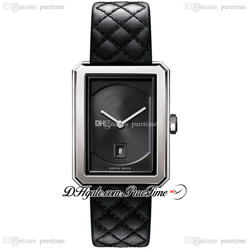 

Boy-Friend H6585 Swiss Quartz Womens Watch Medium Steel Case Black Guilloche Dial Leather Strap Ladies Watches Puretime F01a1, Original box