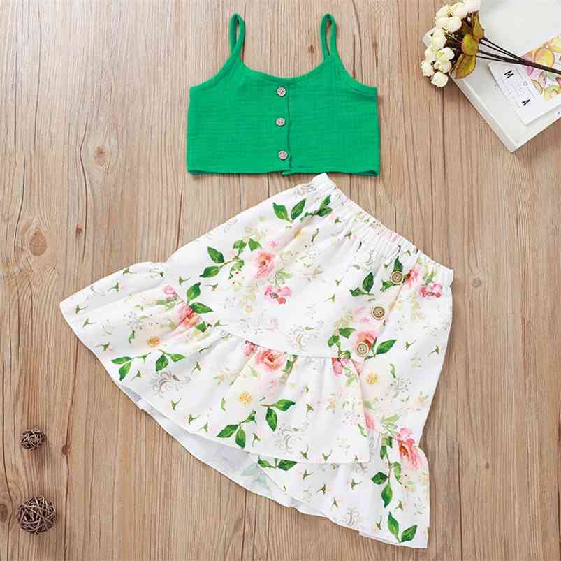 

Summer Children Sets Casual Strap Single Breasted Green Solid Tops Print Floral Long Skirt 2Pcs Girls Clothes 1-5T 210629