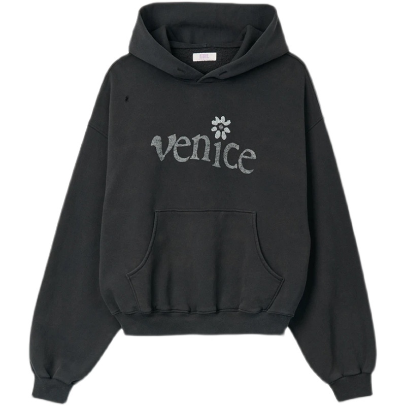 

Erl Venice Be Nice Daisy Wash Worn Broken Hole Print Men' and Women' Hoodie Sweater, Wash black