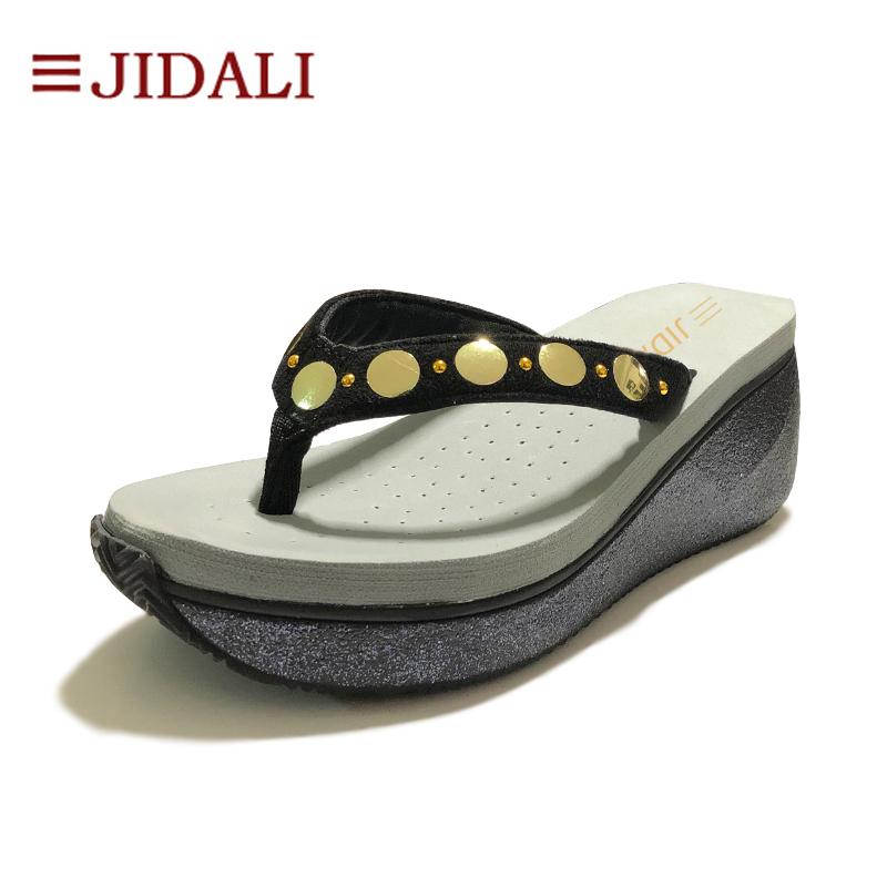 

Slippers JIDALI Gold Metal Decoration Flip Flop Fashion Women Shoes 7cm EVA High Wedges Platform Outside Sport Sandals Summer Size 35-39, Black