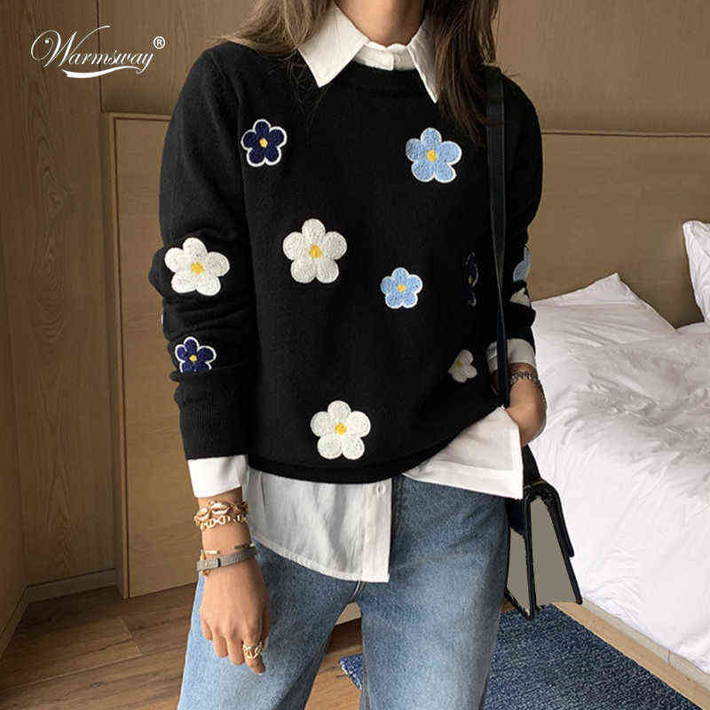 

Korean Floral Emobroidery Pullover Sweater High Quality Women Elegant O Neck Knitted Tops C-089 Y1110, Beige