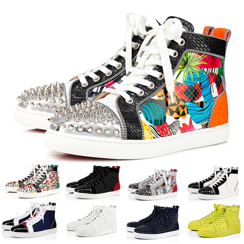 

2022 Red bottoms sneakers men women designer dress shoes high low top Black White Camo Green Glitter Grey pink loutdoor mens fashion spikes casual trainers, Color#14