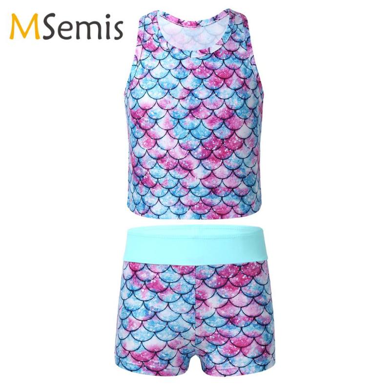 

Kids Girls Tankini Swimsuit Sleeveless Racer Back Fish Scales Printed Swimwear Bathing Suit Set Tops With Bottoms One-Piece Suits