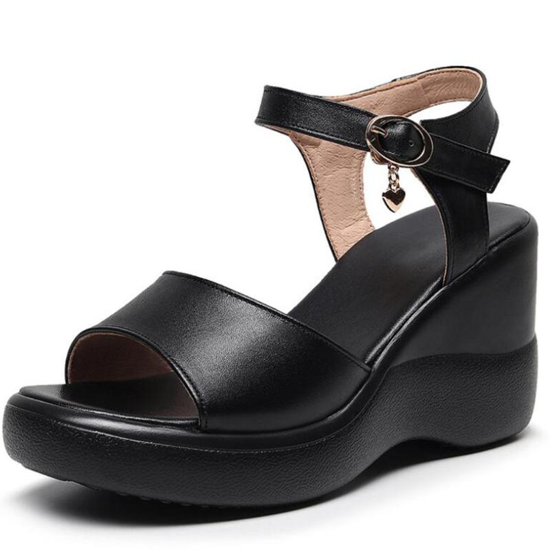 

For Dropship Big Size Fashion Leisure Office Lady Black Platform Comfy Walking High Heels Summer Sandals Wedges Shoes Woman Dress