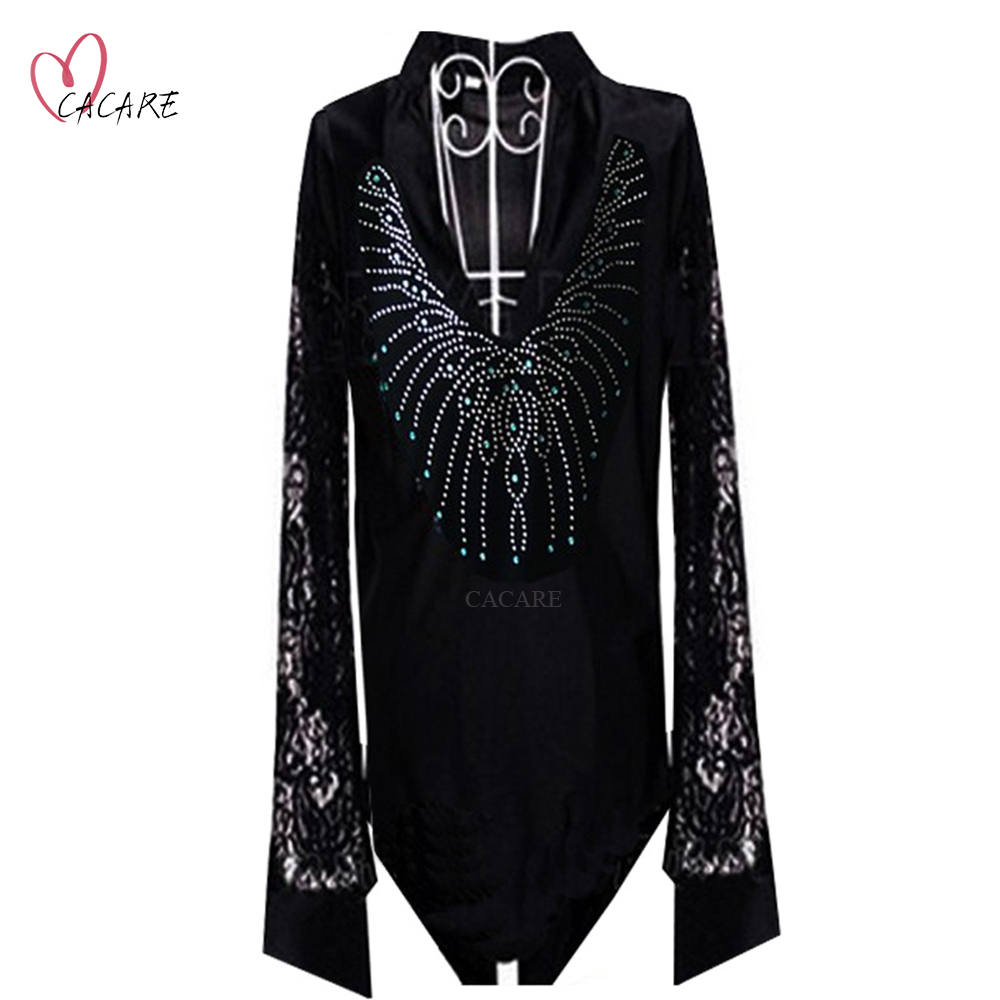 

Latin Dance Shirts Men Boys Dancing Shirt for Tango Fringe Rhinestones Customized Size D0967 Long Lace Sleeve V Neck