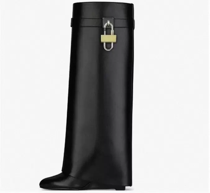 

SHARK LOCK Knee boots leather silver and gold finish asymmetrical metal padlock clad wedge almond shaped toe heel height 9cm pcL
