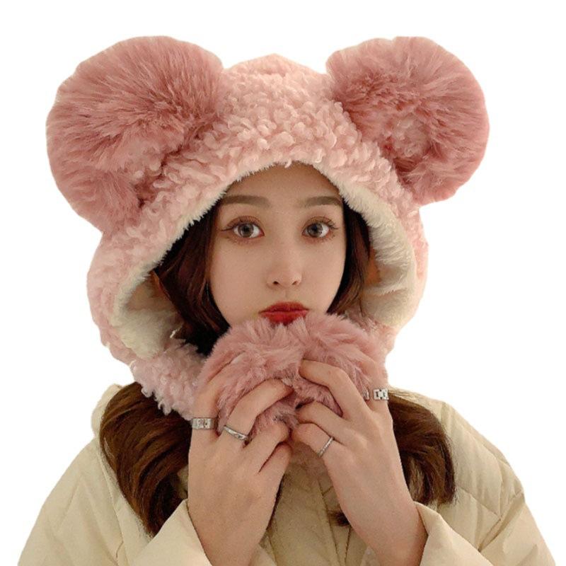 

Beanies Lei Feng Hat Female Japanese Cute Bear Ear Earmuffs Korean Version Of Wild Plush Baotou Riding Cold