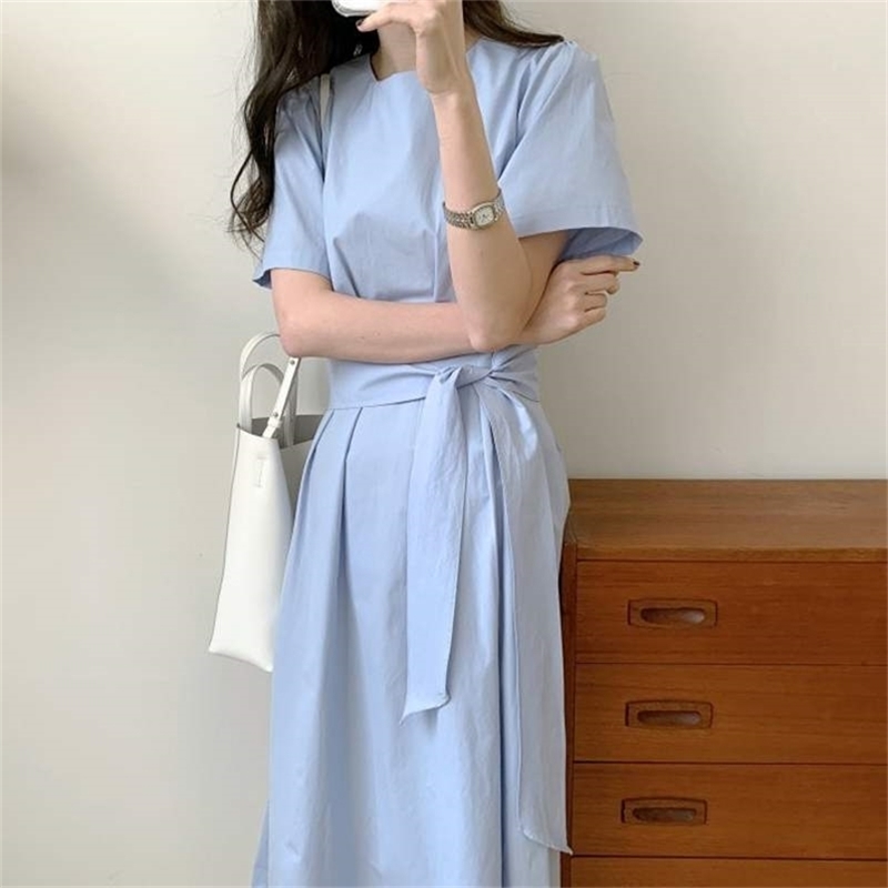 

202 Korean Fashion Temperament O-Neck Short Sleeve Vestidos Summer Elegant High Waist Casual Slim Chic Dresses With Belt 210519, Photo color