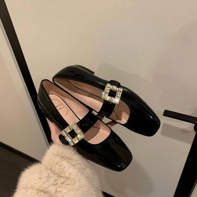 

Dress Shoes Women's Pumps Chunky Heel Square Toe Rhinestone Buckle Casual Black Mary Jane Luxury Design Ladies Woman, Glossy