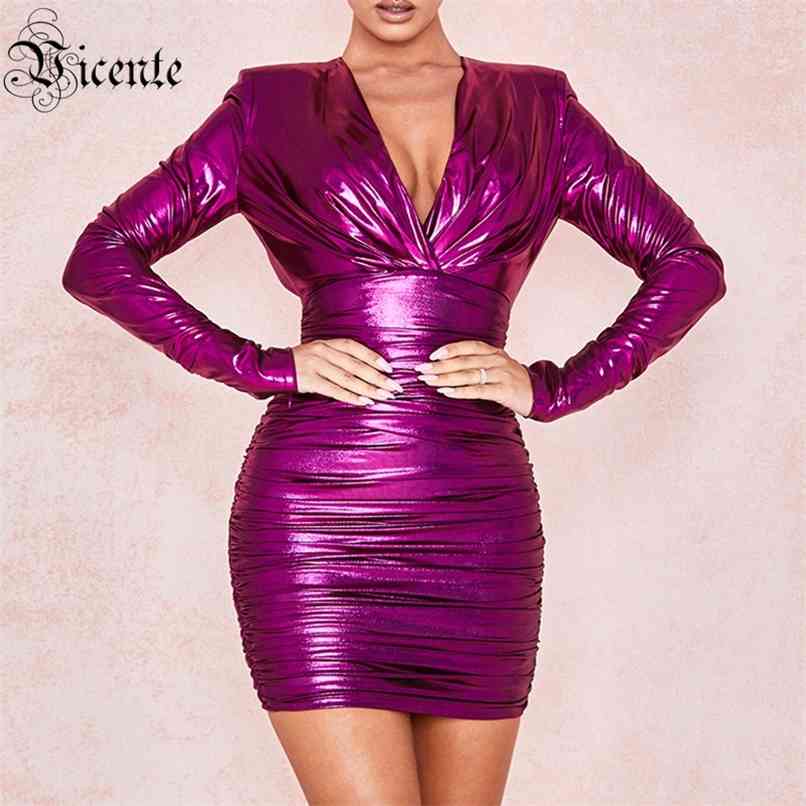 

Purple Oil Print Vestidos Women Draped Mini Dress Sexy V Neck Celebrity Party 210520