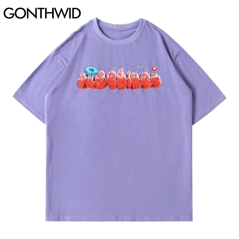 

T-Shirts Streetwear Hip Hop Men Letter Donuts Print Short Sleeve Tees Shirts Cotton Harajuku Casual Fashion Loose Tops 210602, Black