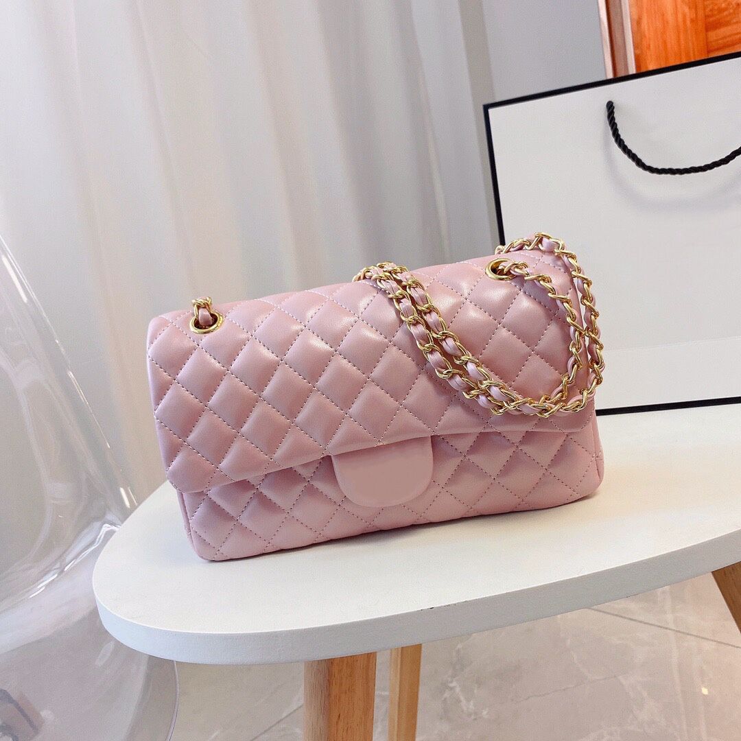 

Classic handbag Litchi grain diamond lattice leather pink chain bag one shoulder cross-slung tide square fat man medium 26 pocket bags for women