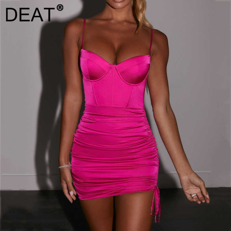 

DEAT Spring Summer Arrivals Solid Color Sleeveless V-neck Slim Pleated Fashion Backless Women Mini Sling Dress HR019 210709, Wine