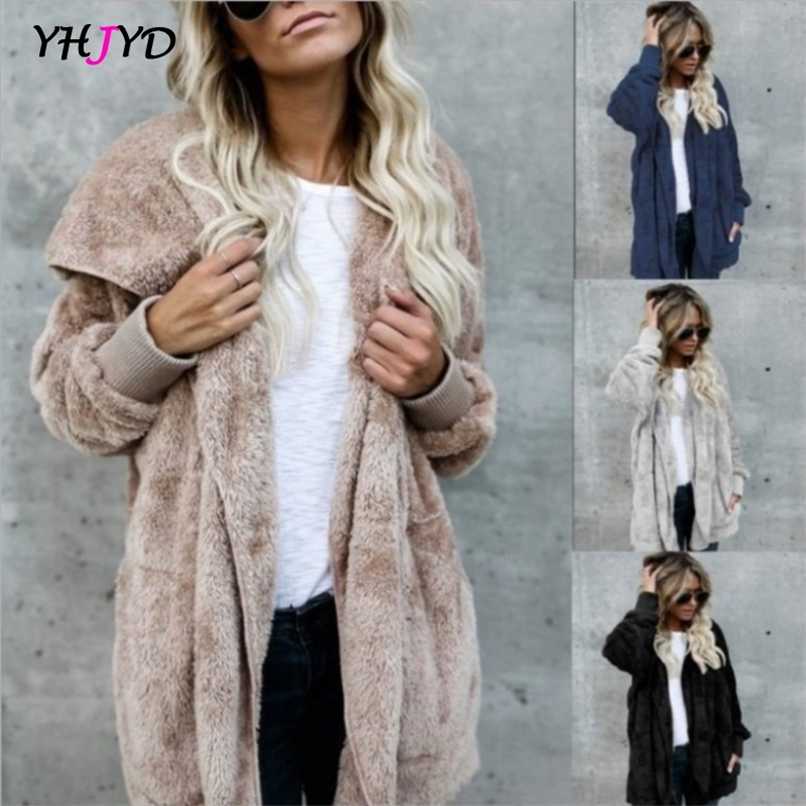 

Faux Fur Coat Women Autumn Winter Warm Soft Long Jacket Outwear Plush Overcoat Pocket Buttonless Cardigan with hood 211124, Black