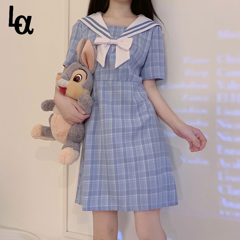 

Sailor Collar Women Vintage Plaid Mini Dress Summer Sweet Dresses Preppy Style Short Sleeve Vestidos 210519, Plaid dress