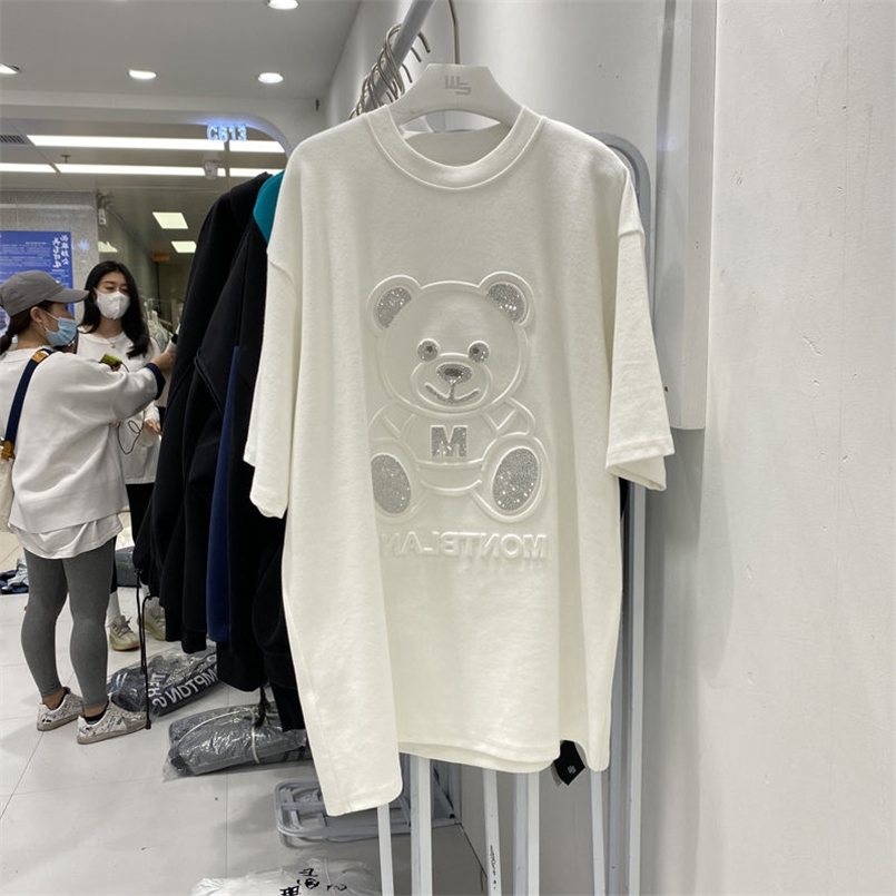 

T-shirt Women's Short Sleeve Plus Size Summer Bear Half Top Loose Mid-length Tshirt Diamonds Graphic Tee 210708, White