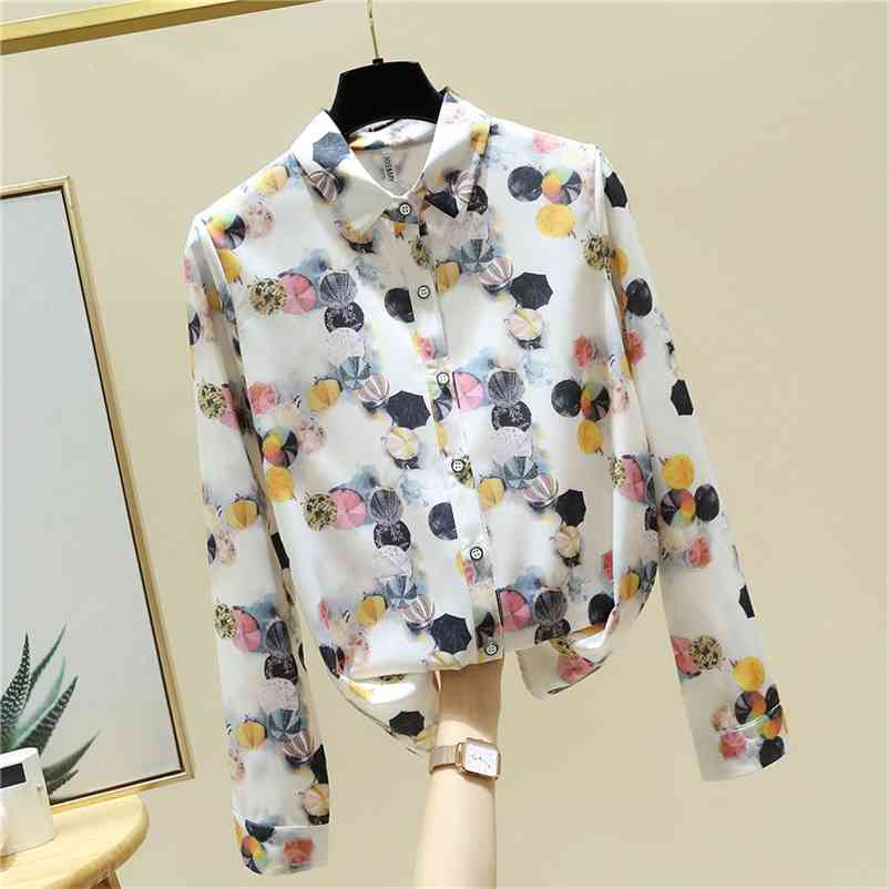 

Spring Fashion Office Ladies Turn Down Collar Long Sleeves Umbrella Print Shirt Women' Casual Blouse Shirts A4431 210519, Beige