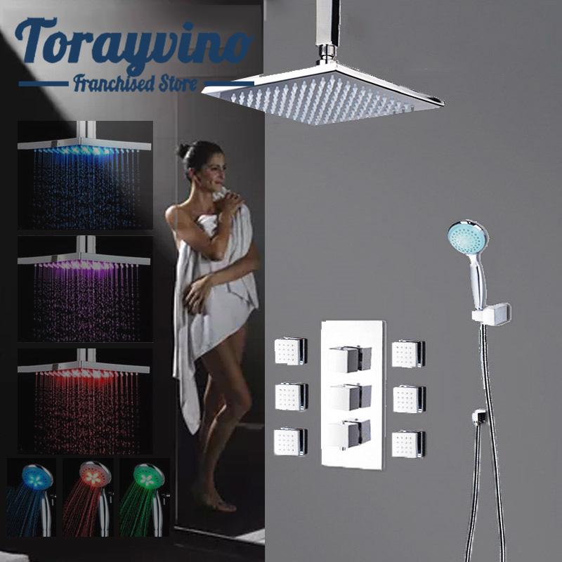 

Bathroom LED Rainfall Hand Shower Faucets Set Message Jets Mixer Robinet Salle De Bain Mural Wall Mount Square 6 Pcs Head Sets