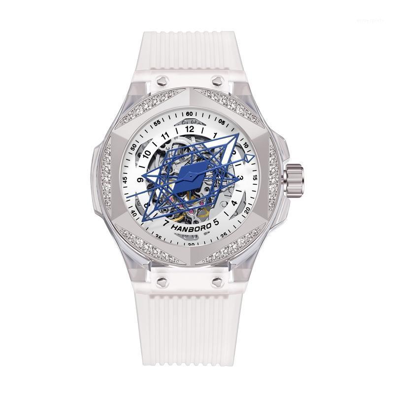 

Wristwatches HANBORO Mens Luxury Watches Dress Automatic Wristwatch Luminous Skeleton Dial Austria Crystal Silicone Strap Hexagonal Bezel, Automatic watch 3