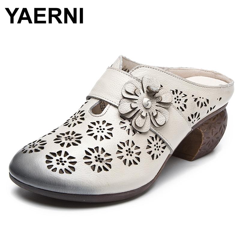 

Slippers YAERNI Genuine Leather Women's Shoes Summer Female Flowers Casual Thick High Heels Flip Flops, Black