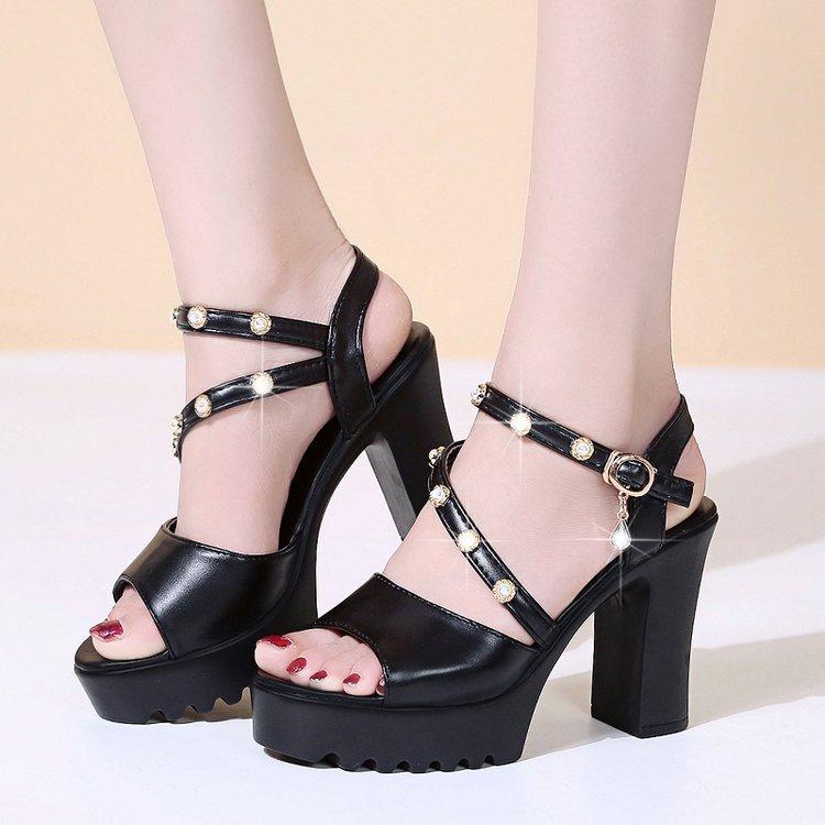 

Sandals Buckle Strap High Heels And For Women Summer Fish Toe Shoes Platform With Rough Heel Drill