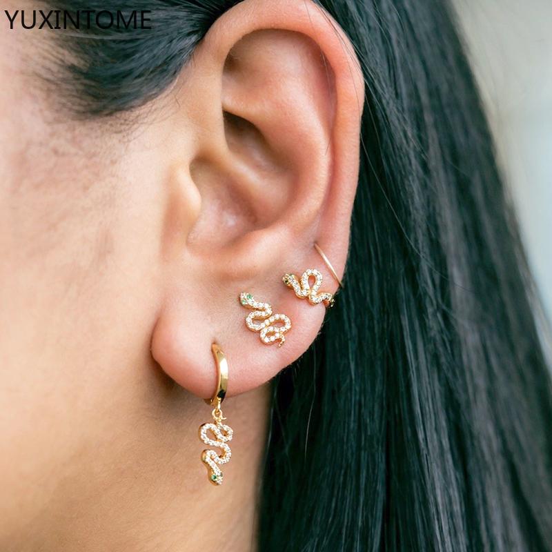 

stud 925 sterling silver pave crystal snake earrings for women zircon green eyes minimalist animals jewelry gifts, Golden;silver