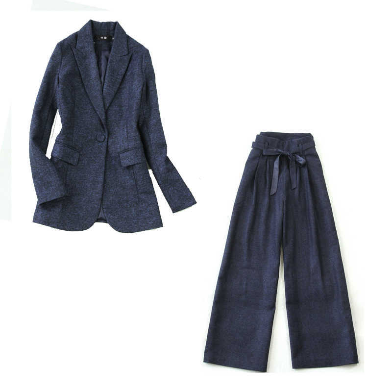 

Women's suit set winter large size Tibetan blue herringbone Slim long-sleeved wild high waist wide leg pants 210527