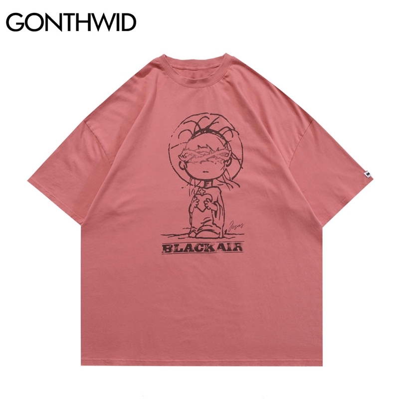 

Oversized Tshirts Hip Hop Distressed Cartoon Print Short Sleeve Tees Shirts Streetwear Harajuku Mens Casual Cotton Tops 210602, White