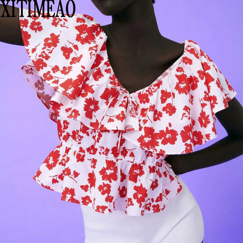 

ZA Retro Blouse Women High Waisted Slim Sleeveless V-neck Open Back Shirt Ruffle Decoration Casual Tops XITIMEAO 210602, Red